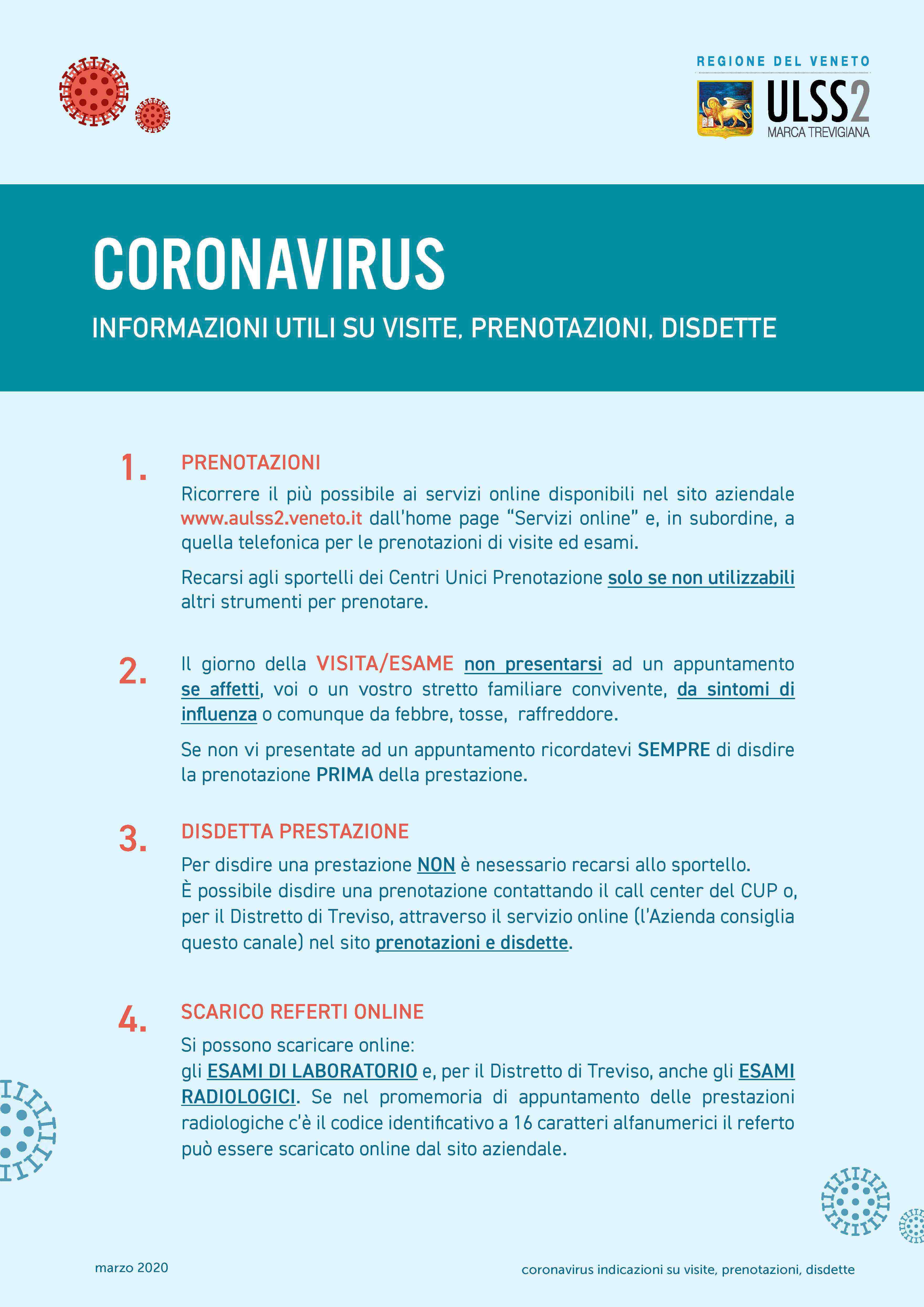 ULSS 2 Marca Trevigiana- prenotazioni e disdette coronavirus